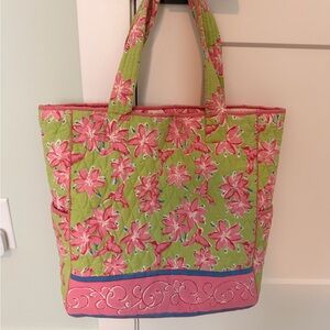 Pomegranate Quilted Floral Latge Tote Bag in Green and Pink